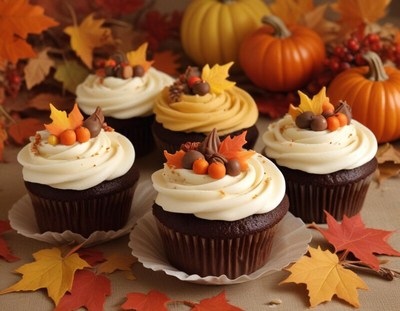 Delicious autumn cupcakes decorated with seasonal themes