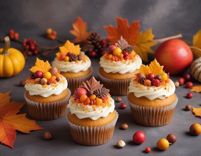 Festive cupcakes with autumn decorations on a table