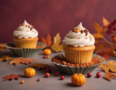 Delicious autumn cupcakes with fall decorations displayed