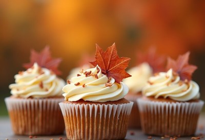 Delicious fall cupcakes decorated with maple leaves
