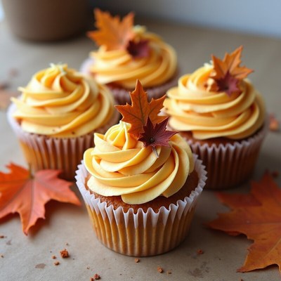 Autumn-themed cupcakes with maple frosting and leaves