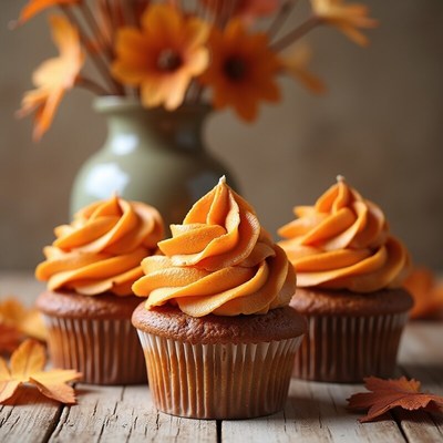 Sweet autumn cupcakes with orange frosting on wooden table