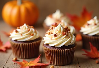 Delicious fall-themed cupcakes with pumpkin and leaves