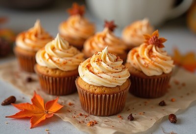 Delicious autumn-themed cupcakes with frosting and leaves