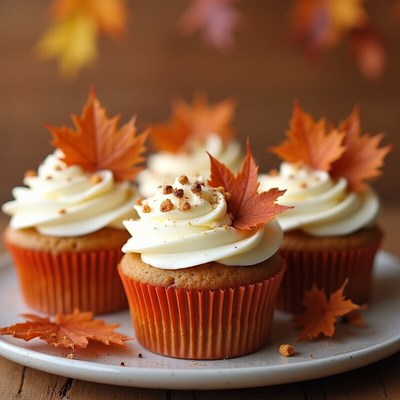 Delicious autumn cupcakes topped with leaves and cream