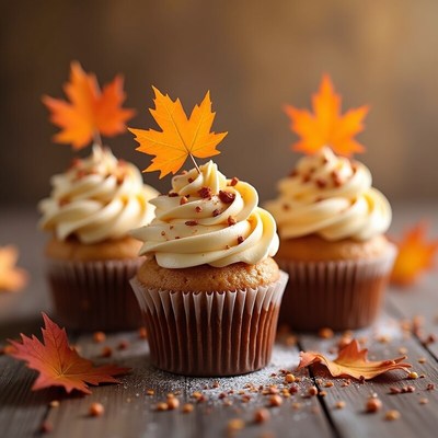 Fall-themed cupcakes with maple leaves on top