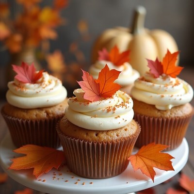Delicious autumn cupcakes with maple frosting and leaves