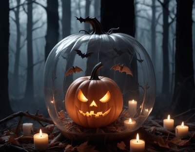 Halloween pumpkin display in a spooky forest