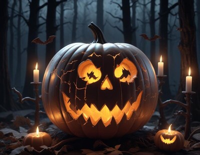 Spooky carved pumpkin glow in eerie forest setting