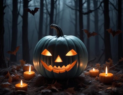 Spooky pumpkin surrounded by candles in a dark forest