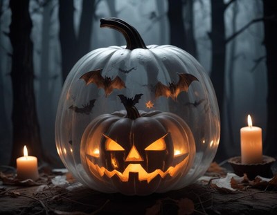 Spooky pumpkin with bats glowing in a dark forest