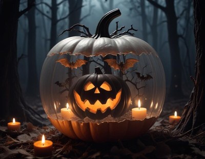 Spooky pumpkin with candles in a haunted forest