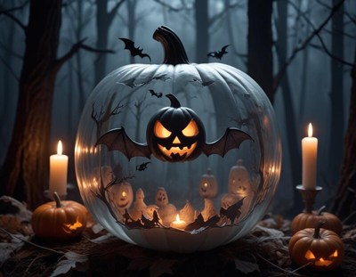 Festive halloween pumpkin display in eerie forest setting