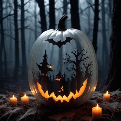 Carved pumpkin with spooky scene in dark forest