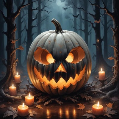 Halloween pumpkin with spooky face and candles in forest