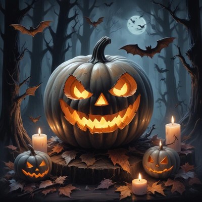 Spooky halloween scene with carved pumpkins and candles