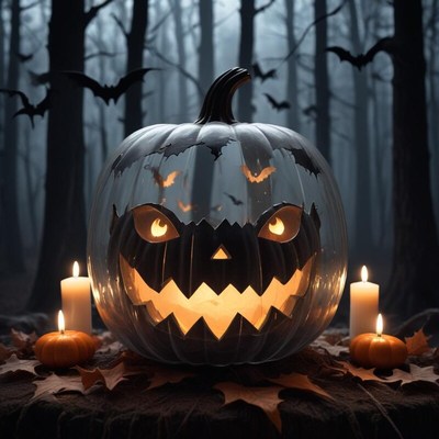 Spooky halloween scene with carved pumpkin in the forest