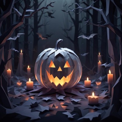 Spooky pumpkin with candles in dark forest setting
