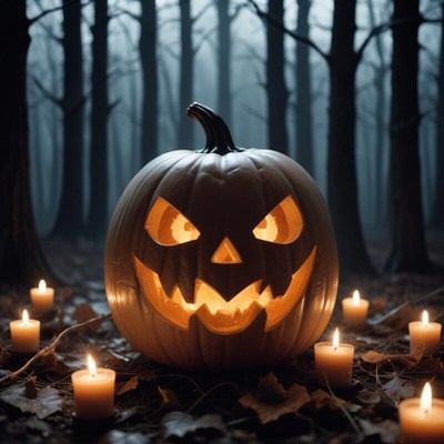 Pumpkin lantern glowing in a dark forest at night