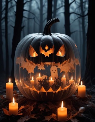 Spooky pumpkin with candles at halloween night