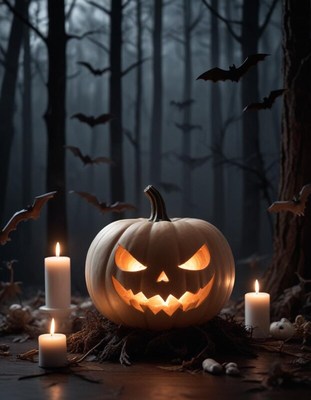Jack-o'-lantern on display in a spooky forest scene
