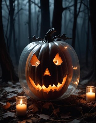 Spooky carved pumpkin glows in dark forest setting