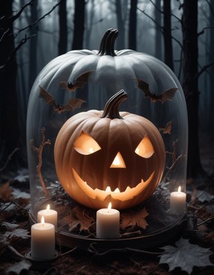 Halloween pumpkin display in a spooky forest setting