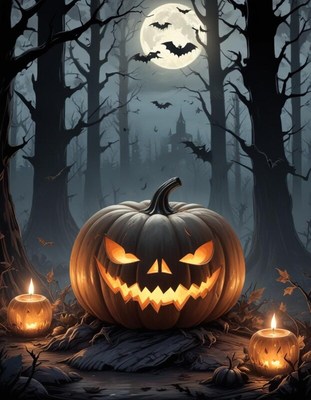 Spooky halloween night scene with glowing pumpkins