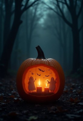 Creative halloween pumpkin with ghost figures and candles
