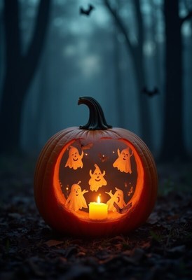 Creative pumpkin lantern with ghost designs in forest