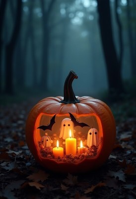 Creative halloween pumpkin with ghosts and candles