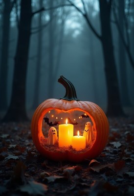 Pumpkin lantern with ghosts in a foggy forest scene
