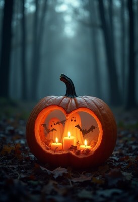 Creative pumpkin lantern in a spooky forest setting