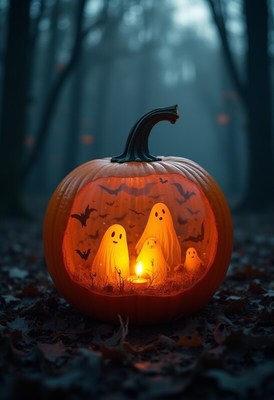 Unique carved pumpkin with ghost decorations for halloween