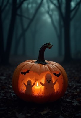 Spooky pumpkin with glowing ghosts in dark forest scene