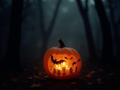 Halloween pumpkin with candlelight in the dark forest