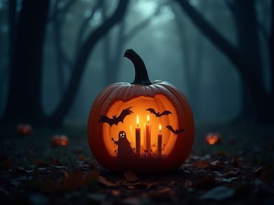 Spooky pumpkin lantern with bats and ghost in dark forest