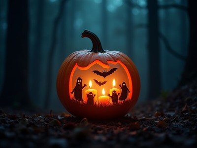Haunting pumpkin display with ghosts and candles in forest