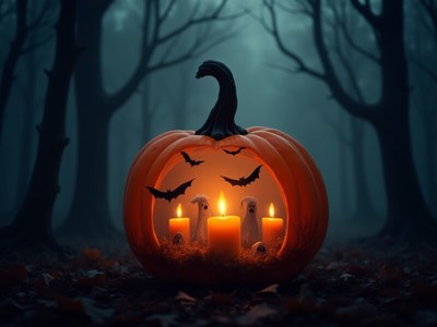 Creative pumpkin with candles and spooky figures at night