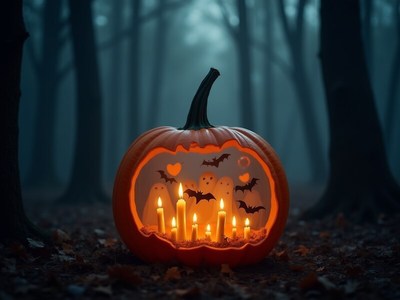 Creative halloween pumpkin with candles in dark forest