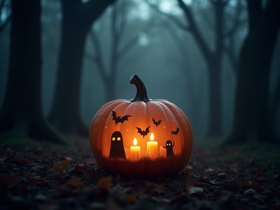 Spooky pumpkin with candles in a misty forest setting