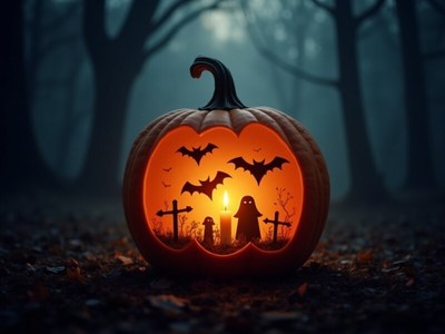 Carved pumpkin with spooky scene in dark forest