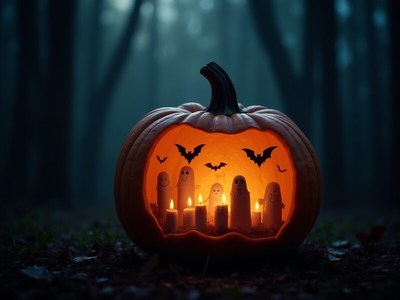 Creative pumpkin carving with spooky ghost figures