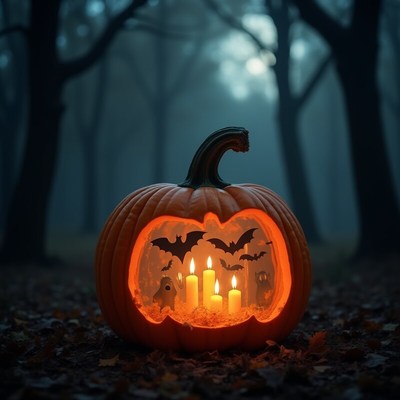 Spooky pumpkin lantern setup in a dark forest
