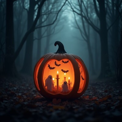 Spooky pumpkin decoration with ghosts and bats at night