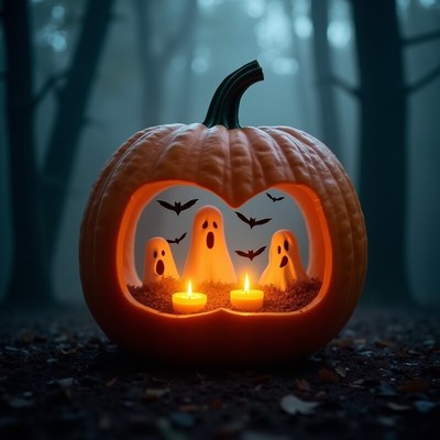 Festive pumpkin with glowing ghosts and candles at night