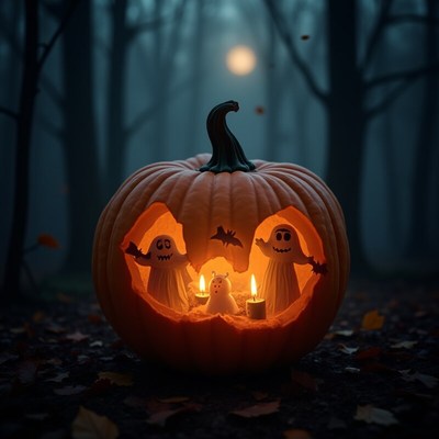 Halloween pumpkin with glowing ghosts and candles at night