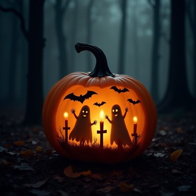Spooky pumpkin carving with ghosts and bats at night
