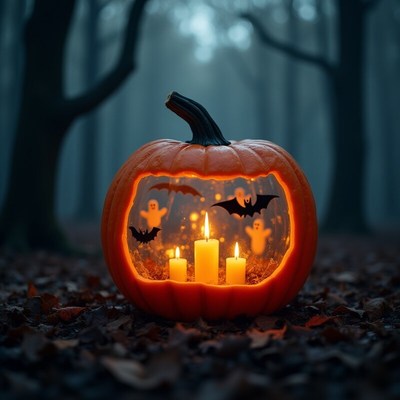Creative pumpkin lantern with eerie candle display