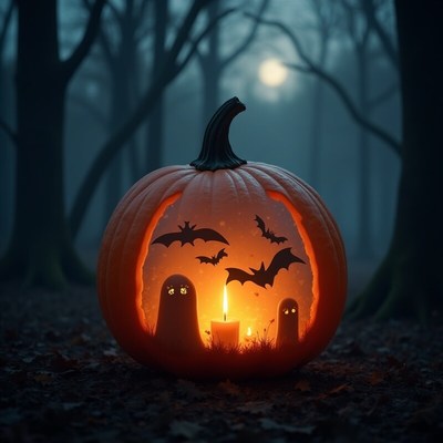 Spooky halloween pumpkin with candlelight in forest